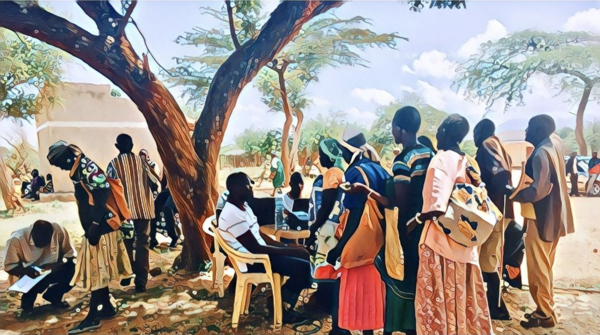 People queuing for pension under a tree in Uganda